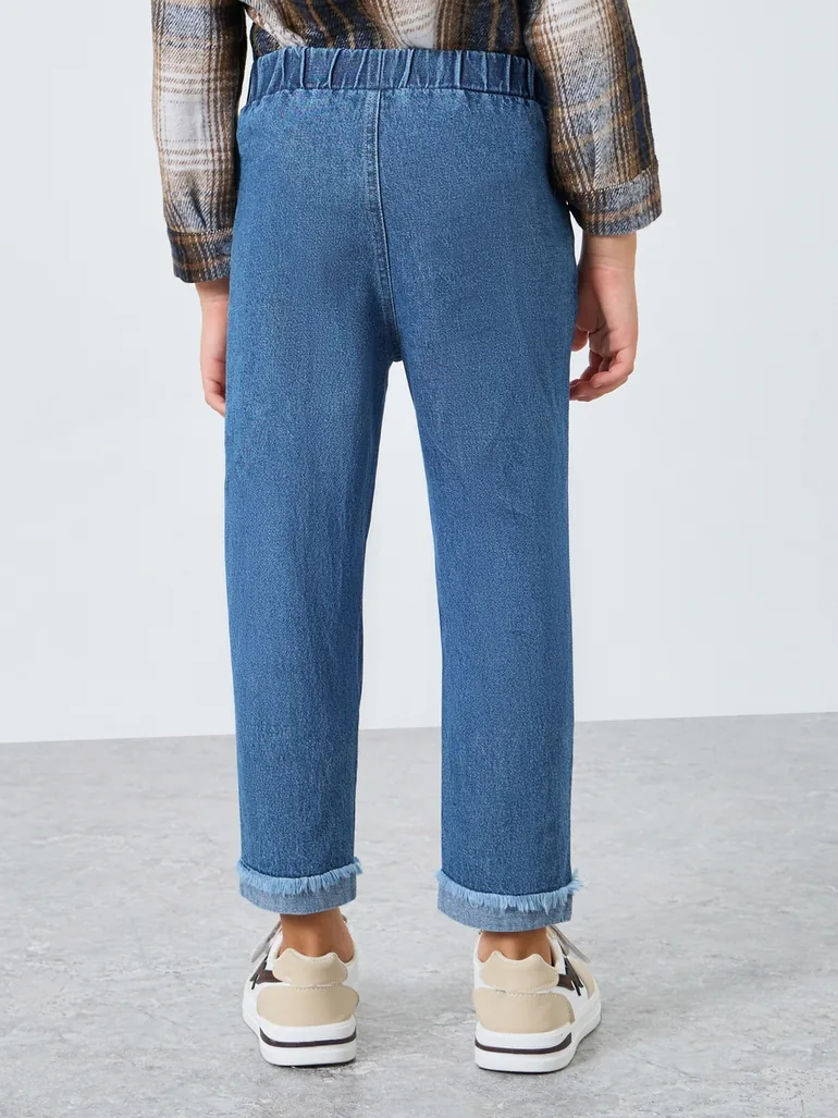 Blue Distressed Straight Fit Jeans with Elasticated Wasitband - 3