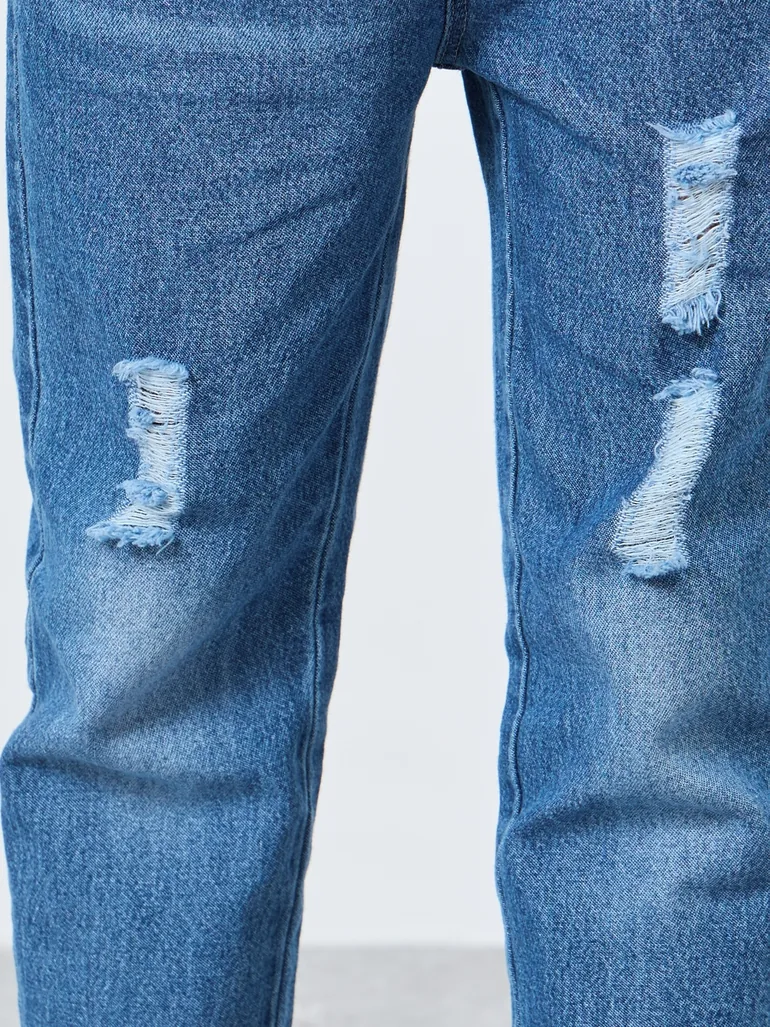 Blue Distressed Straight Fit Jeans with Elasticated Wasitband - 2
