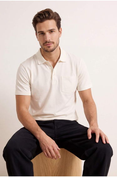 Ecru Regular/Comfortable 100% Cotton Single Pocket Polo Neck T-Shirt product thumbnail 2