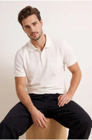 Ecru Regular/Comfortable 100% Cotton Single Pocket Polo Neck T-Shirt