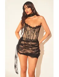Black Lace Detail Corset Bandeau Mini Dress - 1