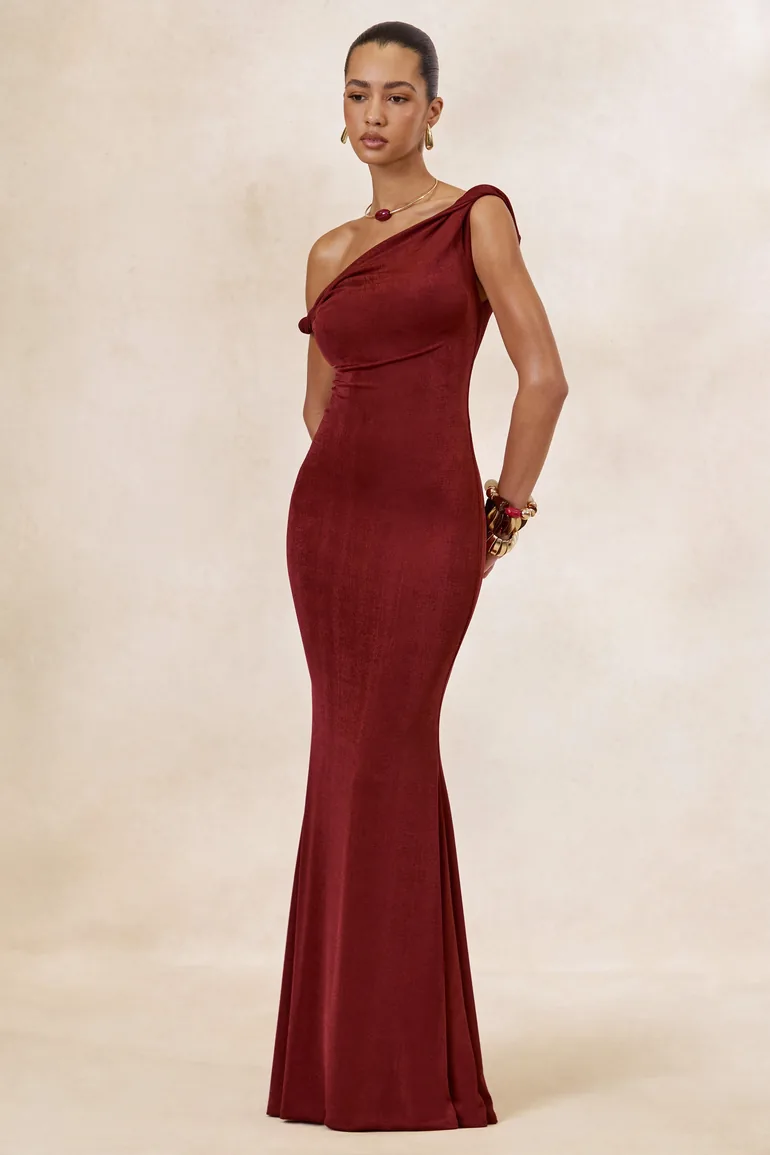 Aminta | Rust Twisted Asymmetric-Neck Maxi Dress - 1