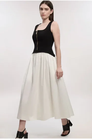 Compact Stretch Cotton Mix Tailored Full Skirted Dress