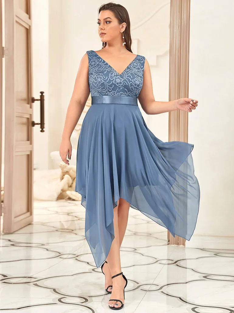 Plus Size Deep V Neck Asymmetrical Hem Sleeveless Dresses - 3