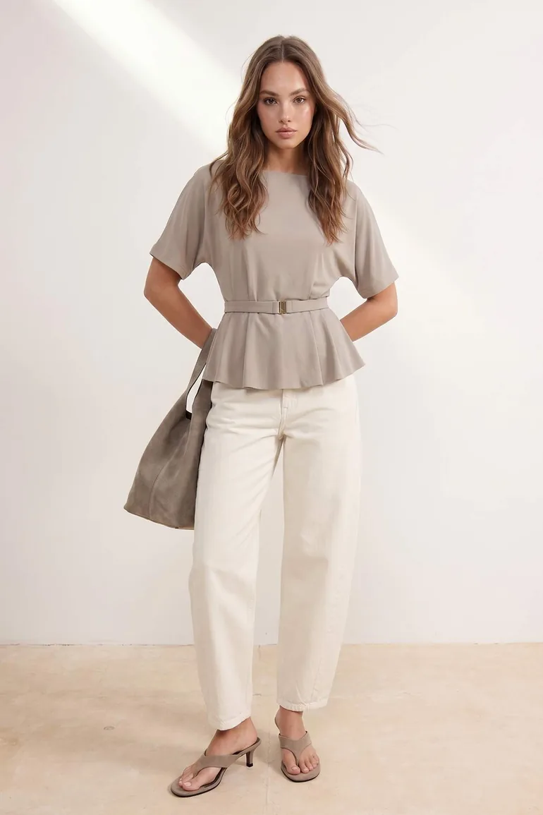 Khaki Premium Lyocell Content Regular Boat Neck Low Sleeve Short Soft Knitted Blouse