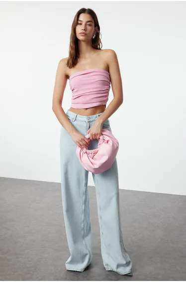 Premium Pink Strapless Gathered Stretchy Knitted top