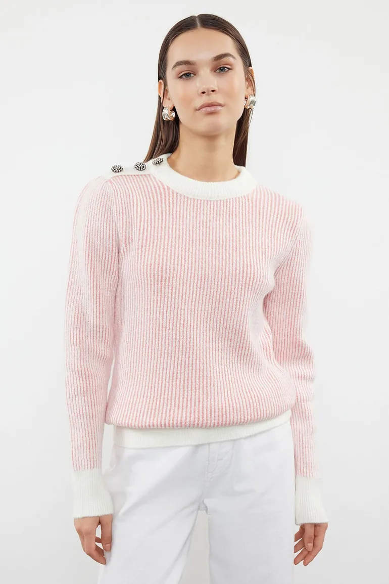 Powder Button Detailed Soft Textured Knitwear Sweater
