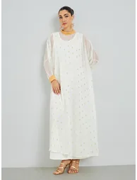 White Chiffon Printed Embellished Jalabiya - 2