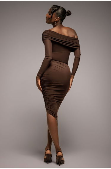 Side Gathered Asymmetric Midi Skirt - Brown by Goddiva product thumbnail 3