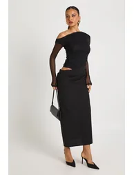 Mesh Mix Draped Midaxi Dress - black