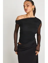 Mesh Mix Draped Midaxi Dress - black - 2