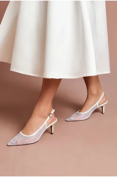 Bridal Sara Mesh Diamante Kitten Heel Slingback Court Shoes