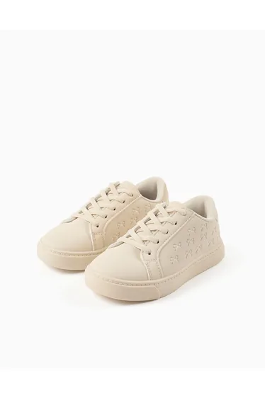 Trainers With Embossed Bows And Elastic Laces For Girls, Beige