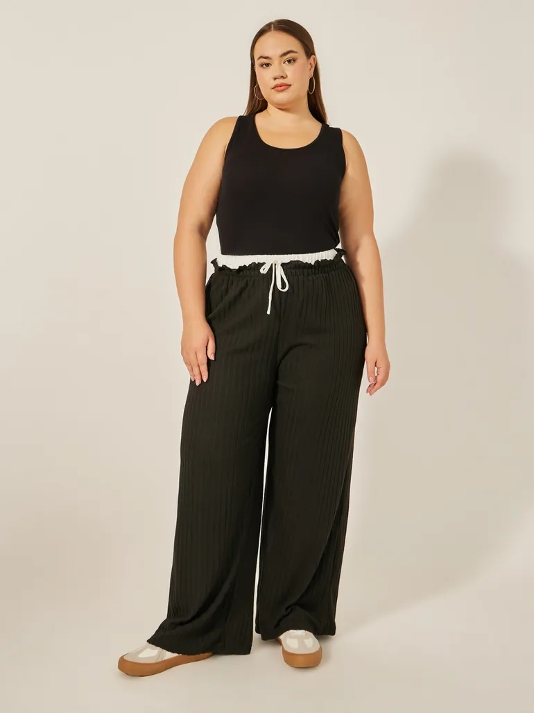 Plus Size Striped High Rise Wide Leg Pants with Drawstring