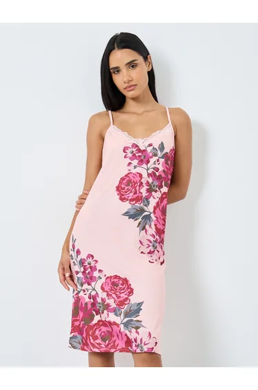 Lace Trim and Floral Leafy Print Slip Dress