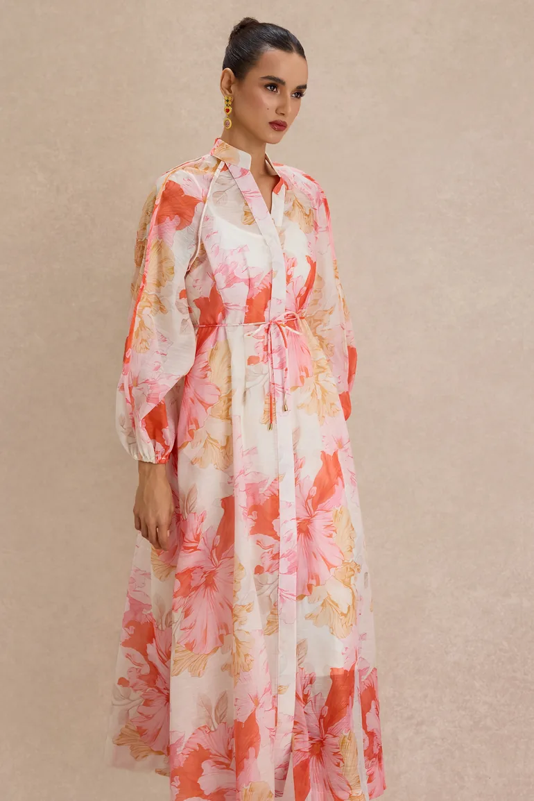 Floral Lantern Sleeve Single Breasted Midi Dress - 2