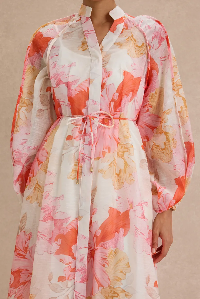 Floral Lantern Sleeve Single Breasted Midi Dress - 6