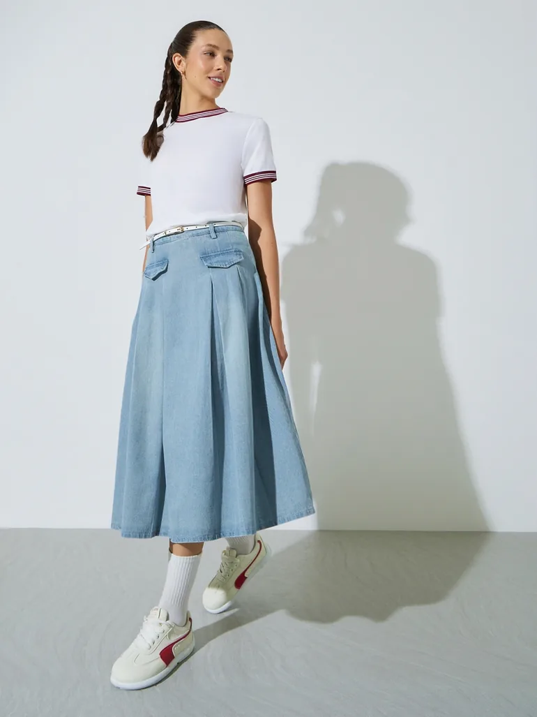 Blue Denim Solid Pocket Decor A-Line Midi Skirt