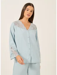 Lace Insert Button Front Shirt and Pyjama Set - 2