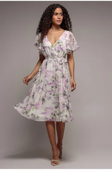 Goddiva Floral Printed Flutter Sleeve Chiffon Midi Dress - Cream