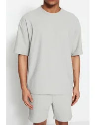 Limited Edition Gray Men's Oversize Crew Neck Short Sleeve Textured Ottoman T-Shirt - 4