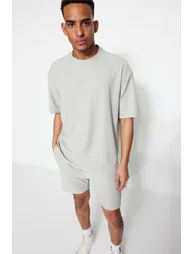 Limited Edition Gray Men's Oversize Crew Neck Short Sleeve Textured Ottoman T-Shirt - 2