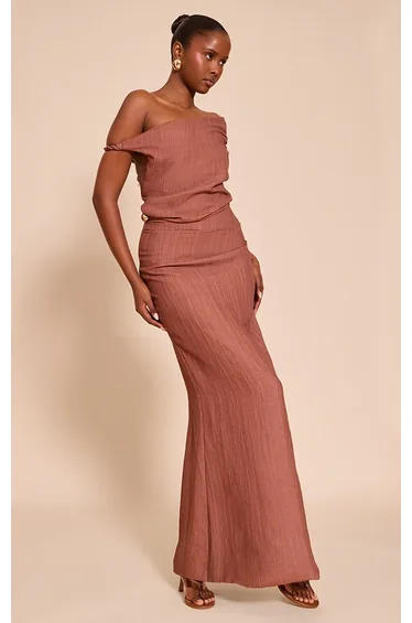 Brown Textured One Shoulder Maxi Dress