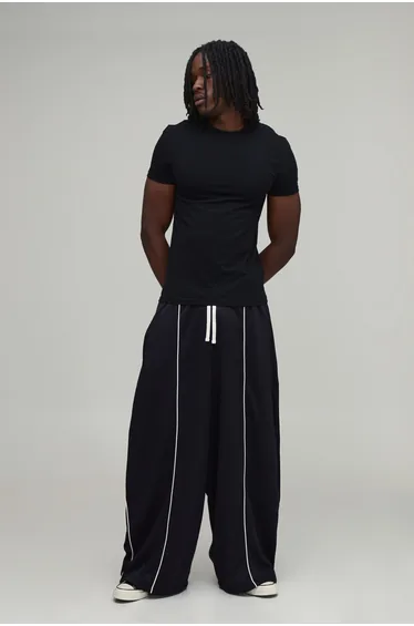 Tall Balloon Fit Piping Tricot Jogger - black