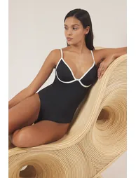 Black Balconette Piping Swimsuit - 1