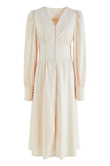 Puff Sleeves Button Up Satin Midi Dress in Cream