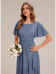 Short Sleeve Ruffle Round Neck High-Low Asymmetrical Bridesmaid Dresses - 2