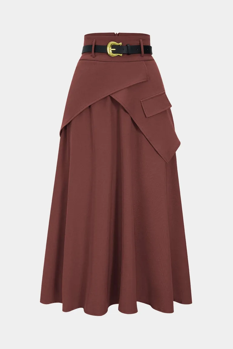 Belted Asymmetrical Ruched High Waist Skirt