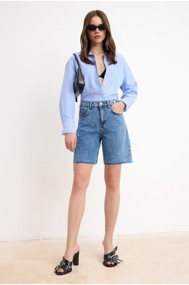 Blue Adjustable Waist High Waist Denim Bermuda