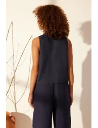 Navy Blue 100% Linen Sleeveless Blouse - 5