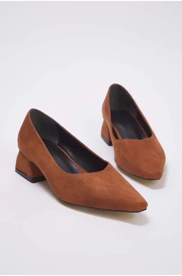 Tan Suede Pointed Toe Women's Block Heel Shoes