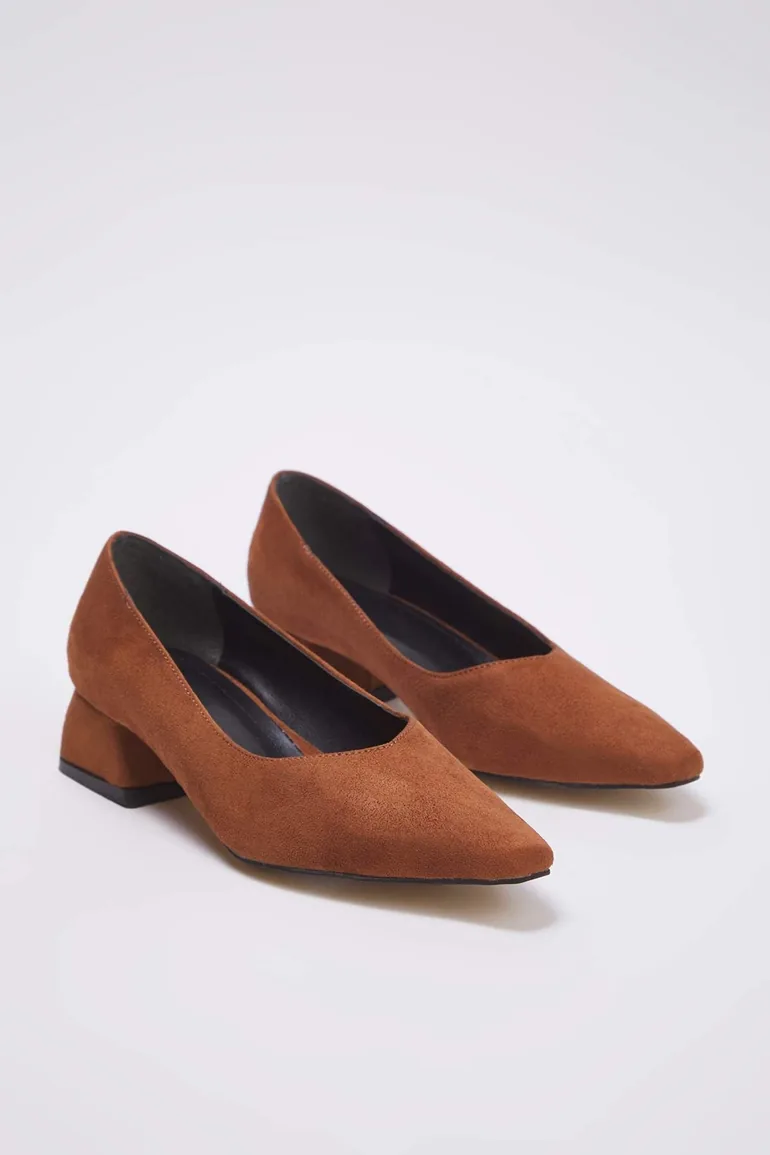 Tan Suede Pointed Toe Women's Block Heel Shoes - 1