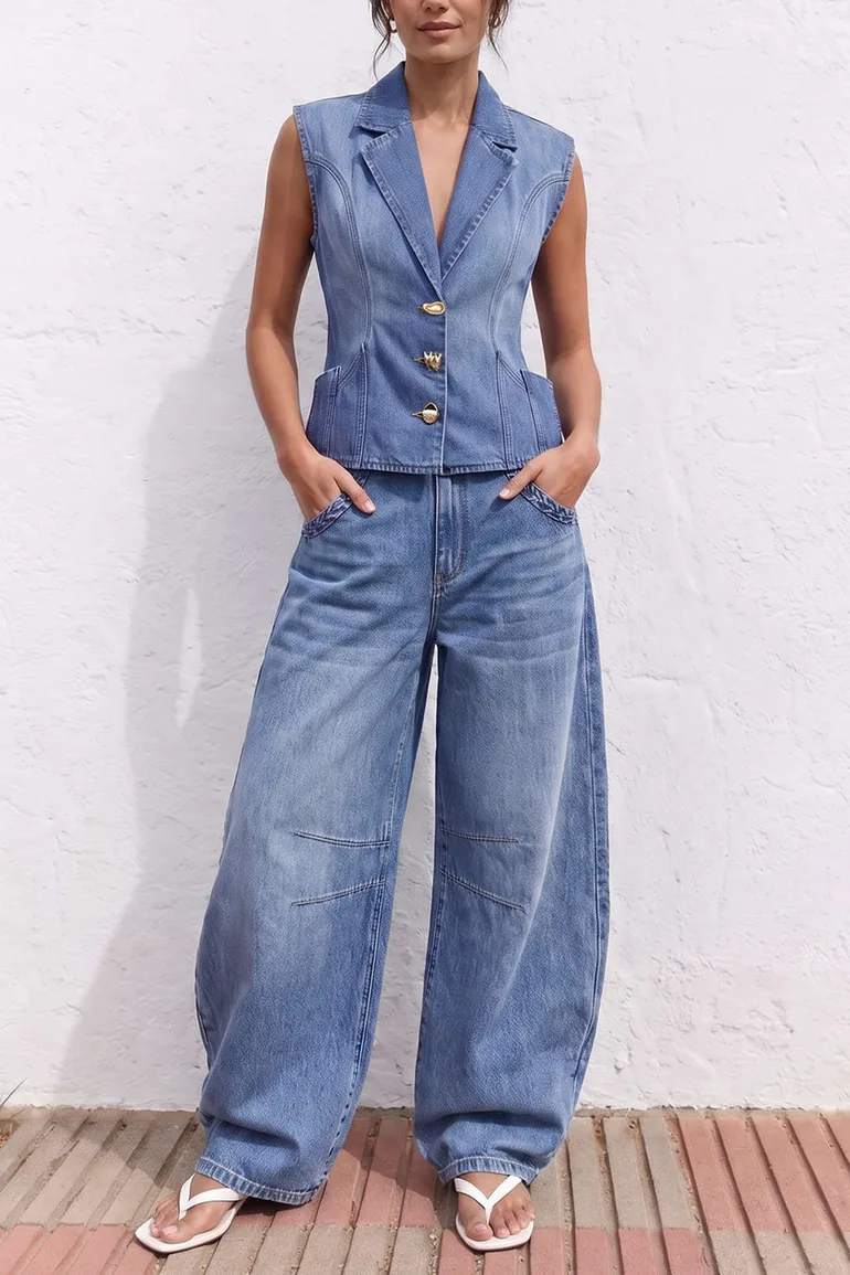 Denim Notched Lapel Metallic Button Vest