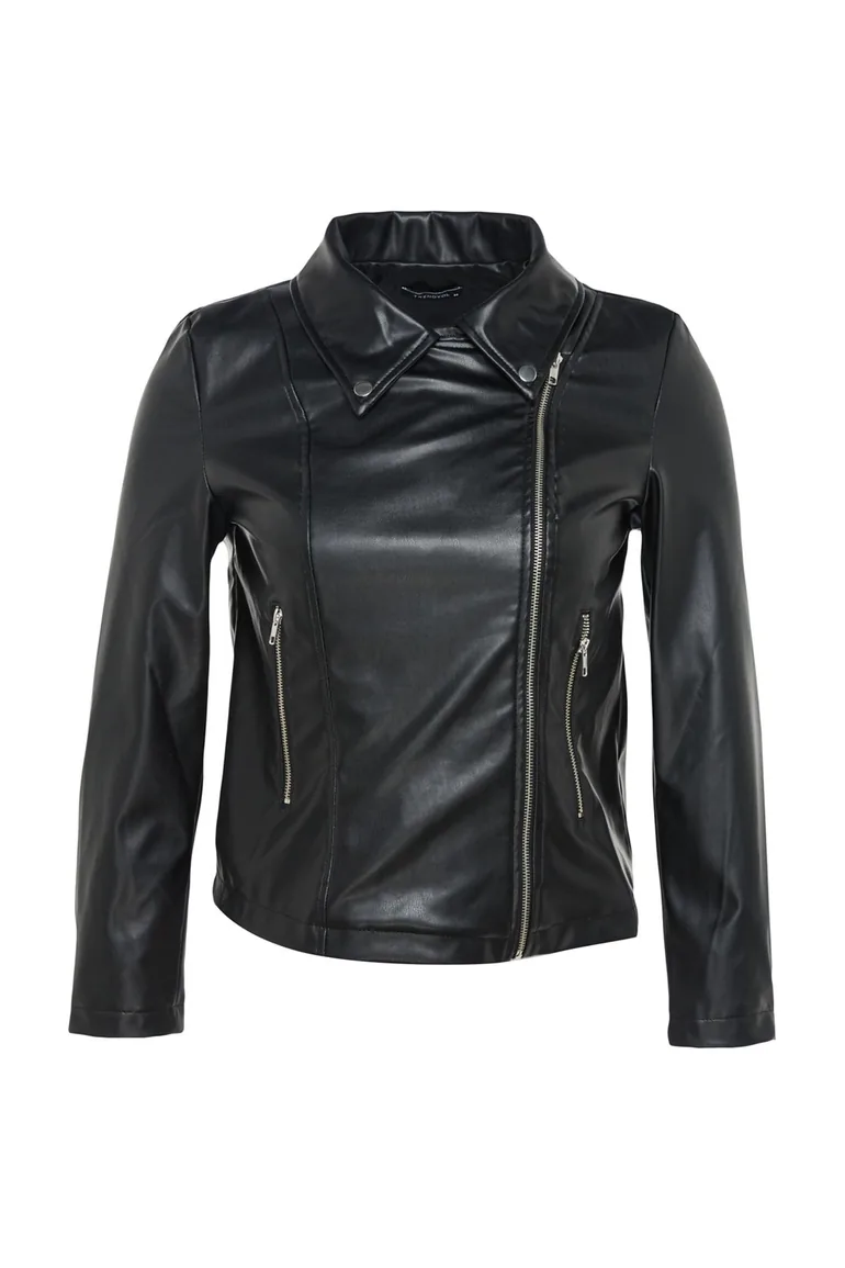 Black Faux Leather Biker Jacket With Pocket - 6