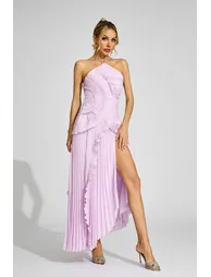Moses Purple Asymmetric Pleated Halter Dress - 1