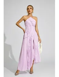 Moses Purple Asymmetric Pleated Halter Dress
