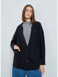 Black Longline Double Breasted Trench Cardigan - 1