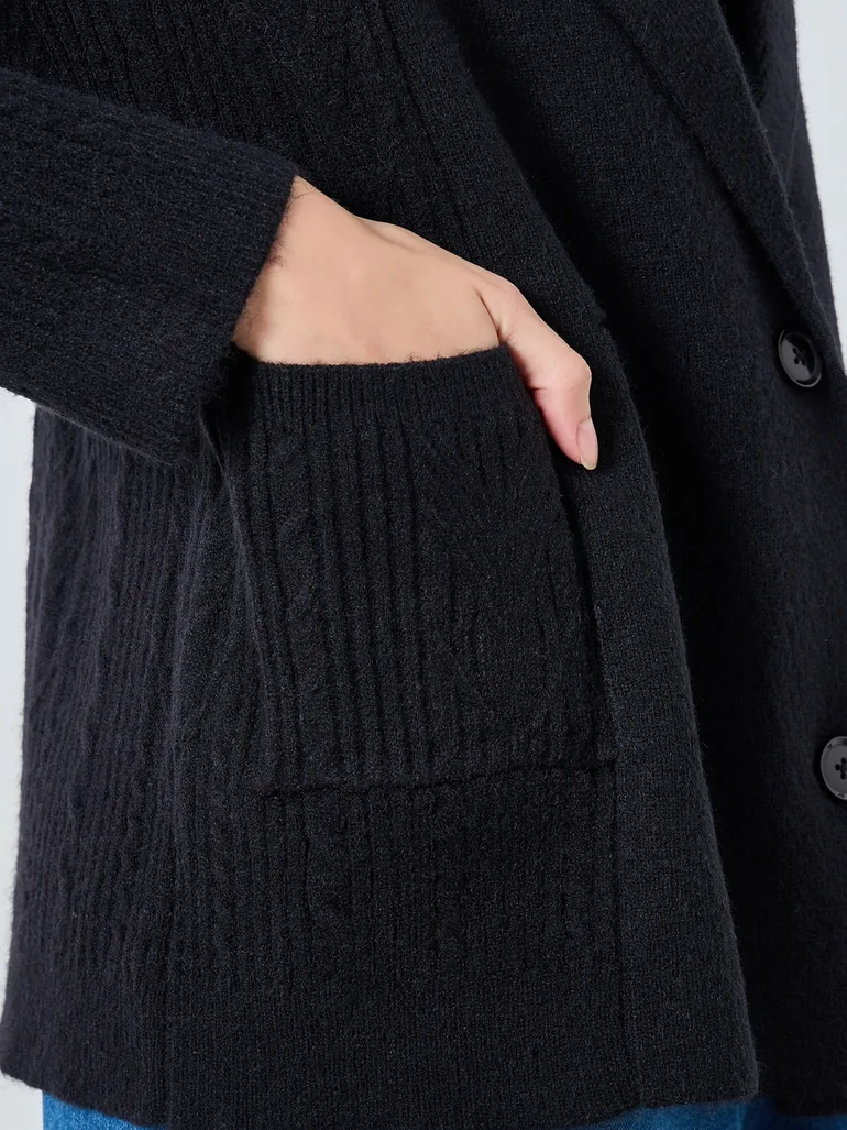 Black Longline Double Breasted Trench Cardigan - 3