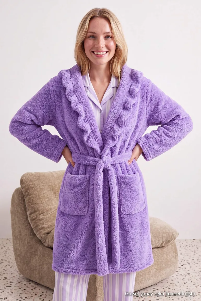 Lilac Frilly Pocketed Wellsoft Winter Knitted Dressing Gown - 6