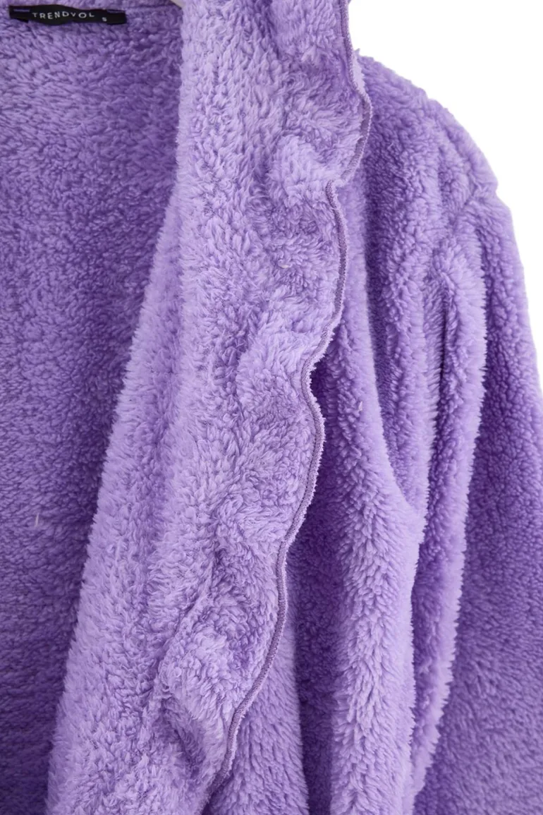 Lilac Frilly Pocketed Wellsoft Winter Knitted Dressing Gown - 2