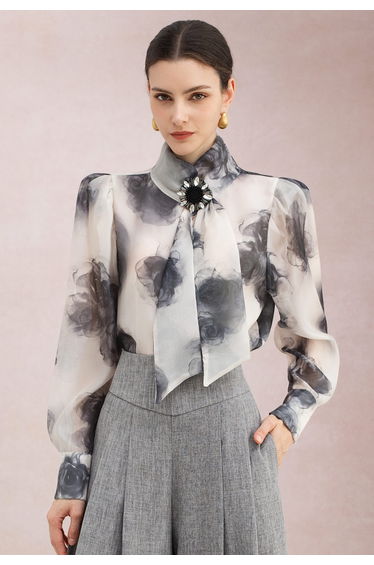 Rhinestones Ribbon Trim Puff Sleeve Organza Top in Watercolor for Afternoon Tea & Dates Night