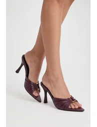 Hardware Ruched Detail Heeled Mules - burgundy