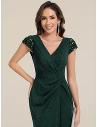 Short-Sleeve Deep V-Neck Sequin Bodycon Floor-Length Evening Dress - 2