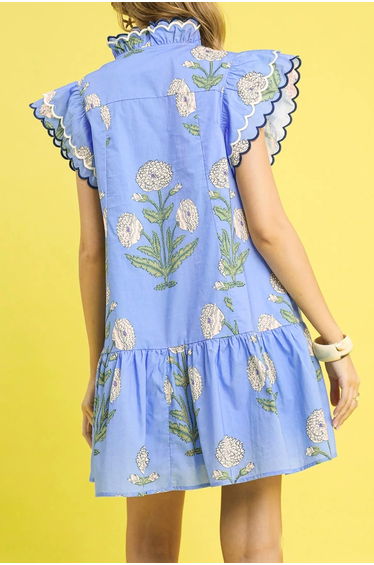 Lvness Sky Blue Wild Floral Print Scalloped Embroidery Trim V Neck Drop Waist Mini Dress product thumbnail 4