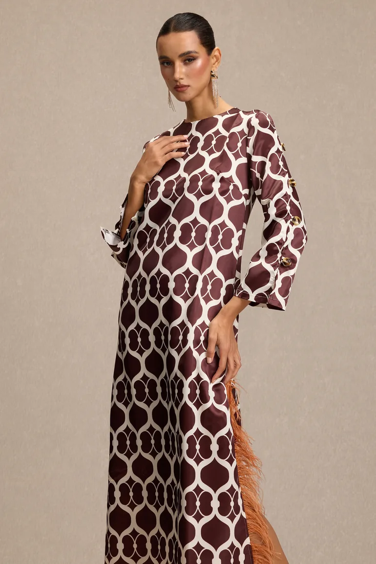 Satin Geometric Patterns Feather Midi Dress - 3