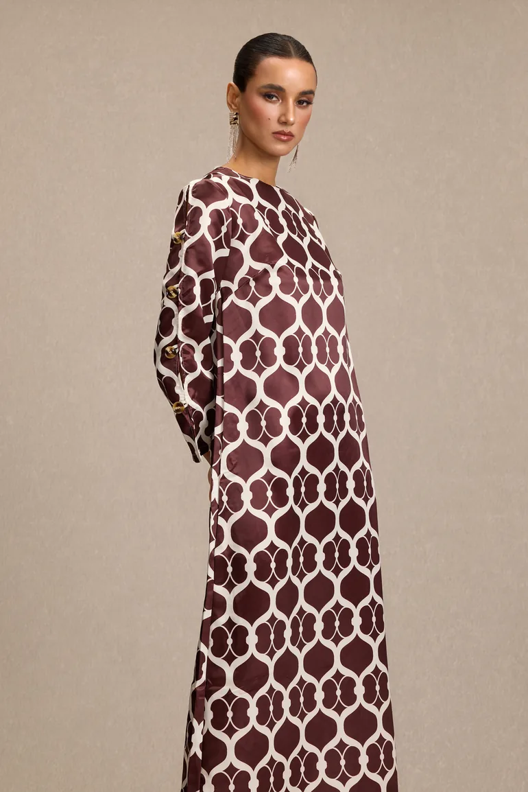 Satin Geometric Patterns Feather Midi Dress - 2